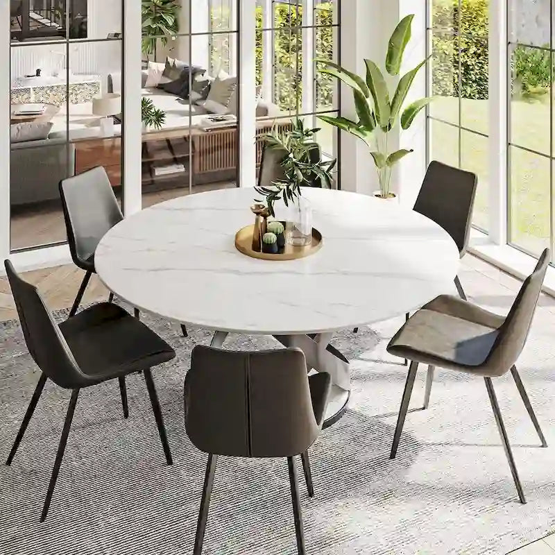 Modern Dining Table Sets, Round Glossy Sintered Stone Dining Table with Dining Chairs