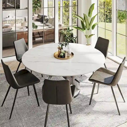 Modern Dining Table Sets, Round Glossy Sintered Stone Dining Table with Dining Chairs