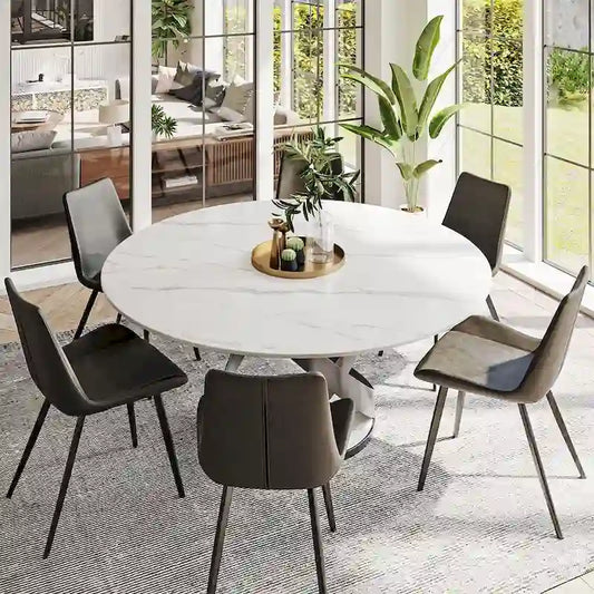 Modern Dining Table Sets, Round Glossy Sintered Stone Dining Table with Dining Chairs
