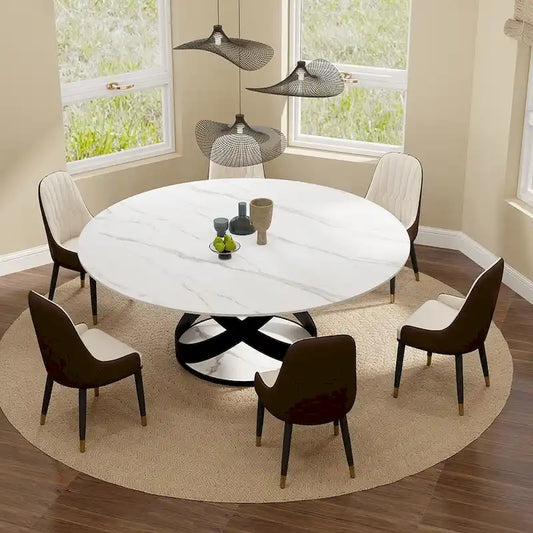 Modern Dining Table Sets, Round Glossy Sintered Stone Dining Table with Dining Chairs