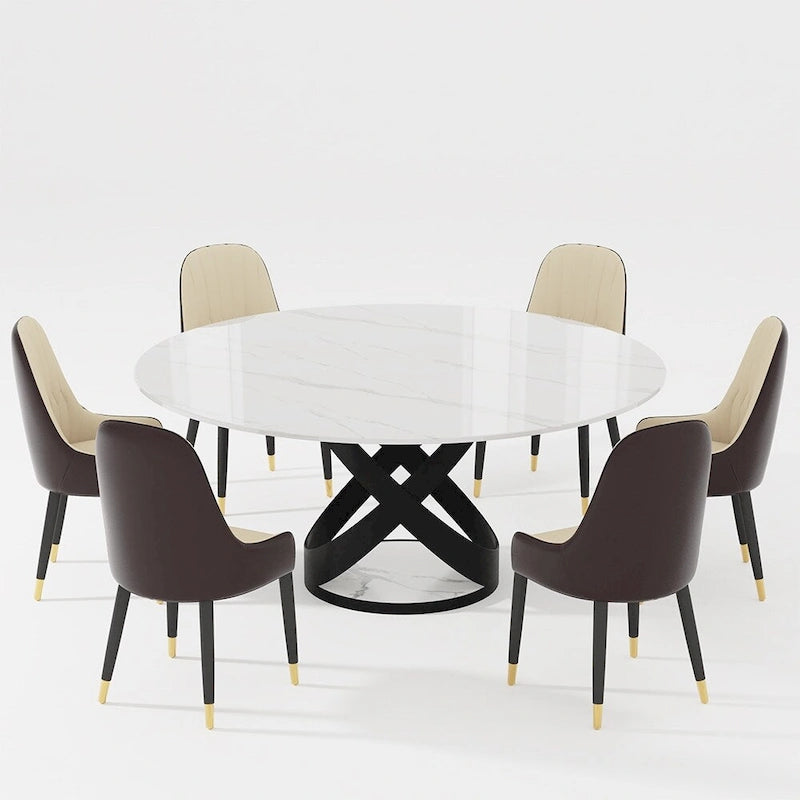 Modern Dining Table Sets, Round Glossy Sintered Stone Dining Table with Dining Chairs