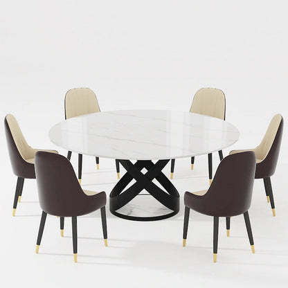 Modern Dining Table Sets, Round Glossy Sintered Stone Dining Table with Dining Chairs