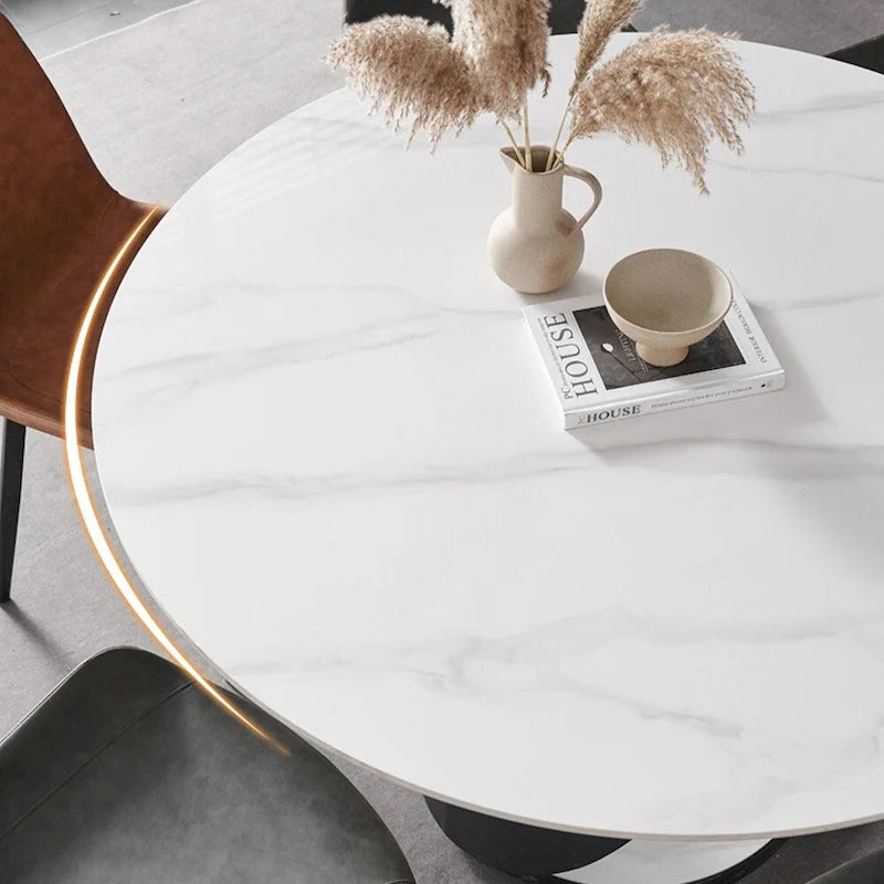 Modern Dining Table Sets, Round Glossy Sintered Stone Dining Table with Dining Chairs