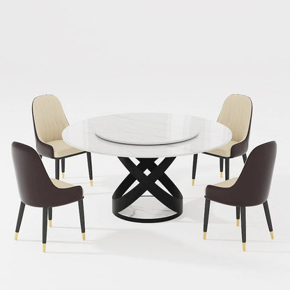 Modern Dining Table Sets, Round Glossy Sintered Stone Dining Table with Dining Chairs