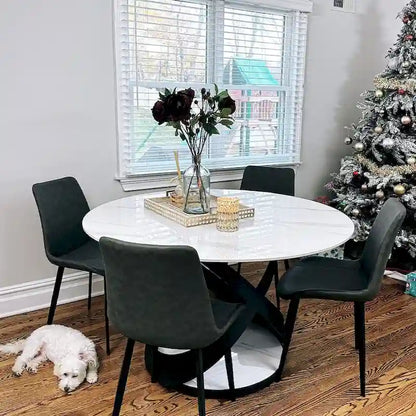 Modern Dining Table Sets, Round Glossy Sintered Stone Dining Table with Dining Chairs