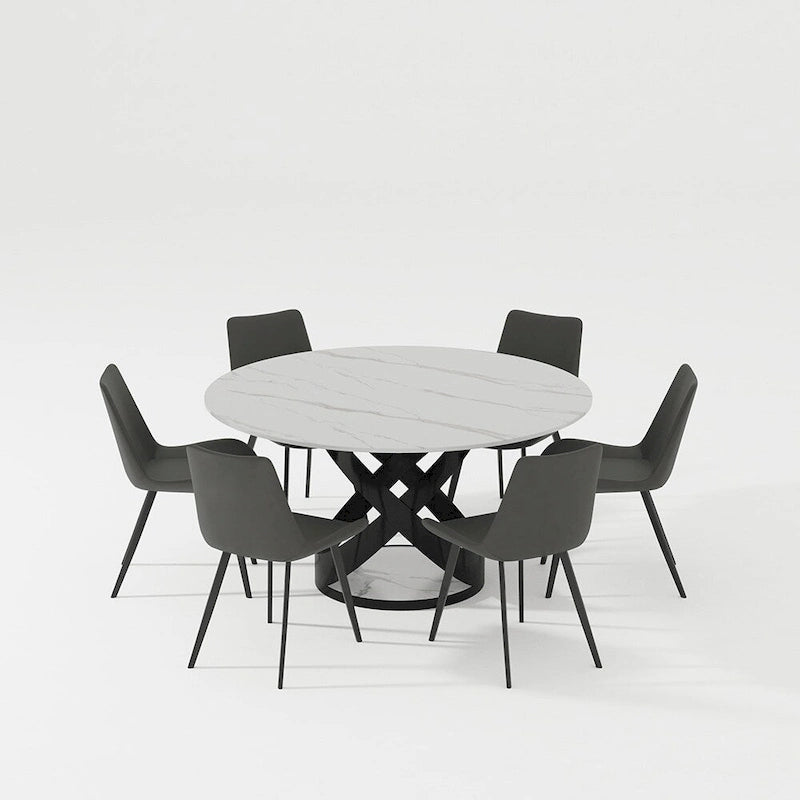 Modern Dining Table Sets, Round Glossy Sintered Stone Dining Table with Dining Chairs