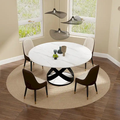 Modern Dining Table Sets, Round Glossy Sintered Stone Dining Table with Dining Chairs