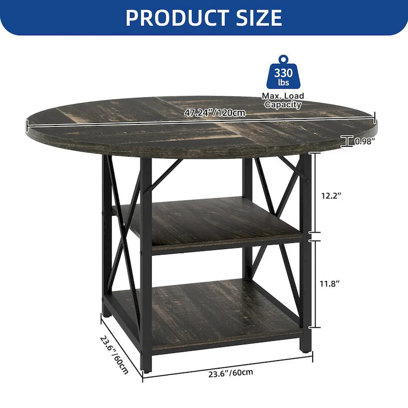 Moasis Round Dining Table with Storage Shelves Metal Legs for 4-6 People for Dining Living Room
