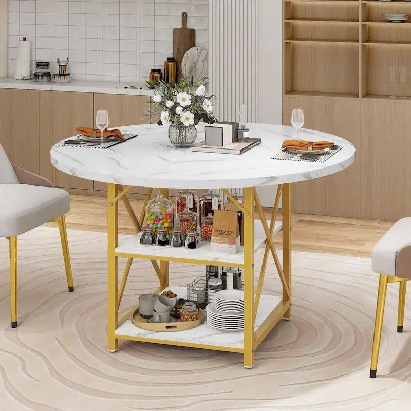 Moasis Round Dining Table with Storage Shelves Metal Legs for 4-6 People for Dining Living Room