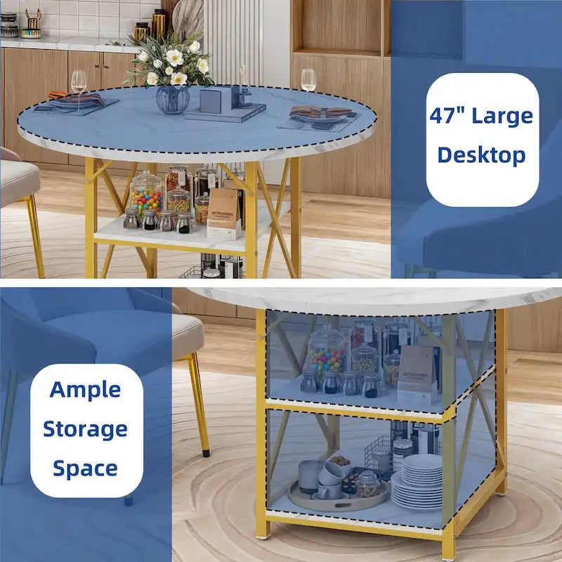 Moasis Round Dining Table with Storage Shelves Metal Legs for 4-6 People for Dining Living Room