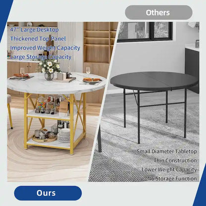 Moasis Round Dining Table with Storage Shelves Metal Legs for 4-6 People for Dining Living Room