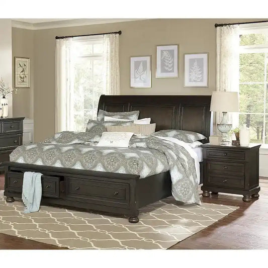 Grayish Brown 3pc Bedroom Set Platform Storage Bed and Two Nightstands