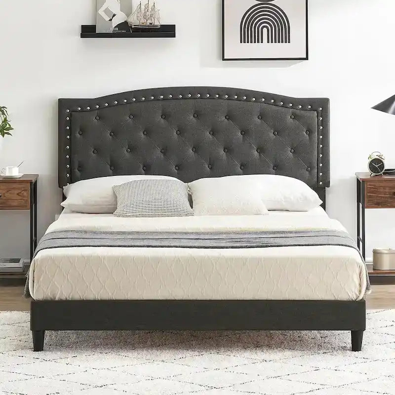 Bed Frame Upholstered Platform Bed with Adjustable Button Tufted & Nailhead Trim Headboard