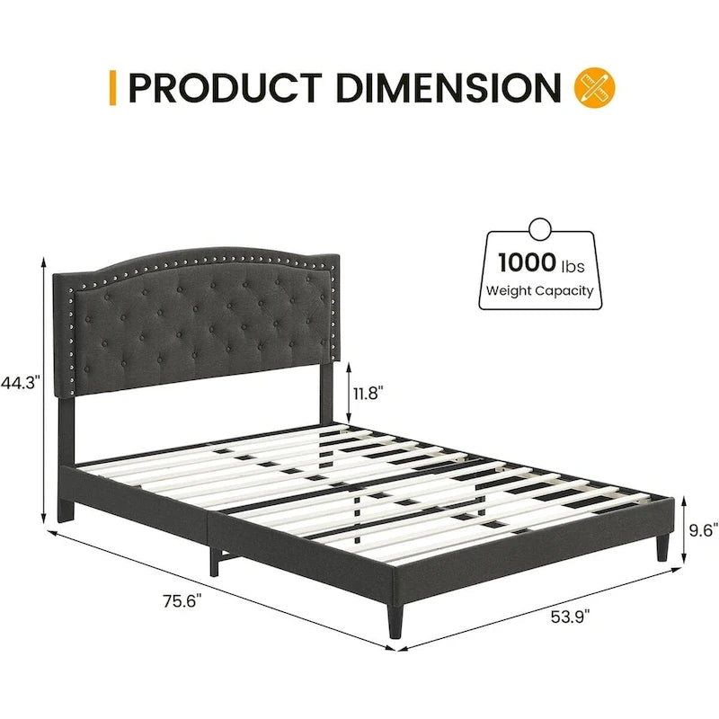 Bed Frame Upholstered Platform Bed with Adjustable Button Tufted & Nailhead Trim Headboard