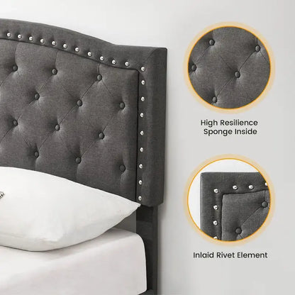 Bed Frame Upholstered Platform Bed with Adjustable Button Tufted & Nailhead Trim Headboard