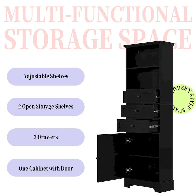 Black Tall Storage Cabinet with 3 Drawers and Adjustable Shelves for Bathroom,Study,Office and Interior