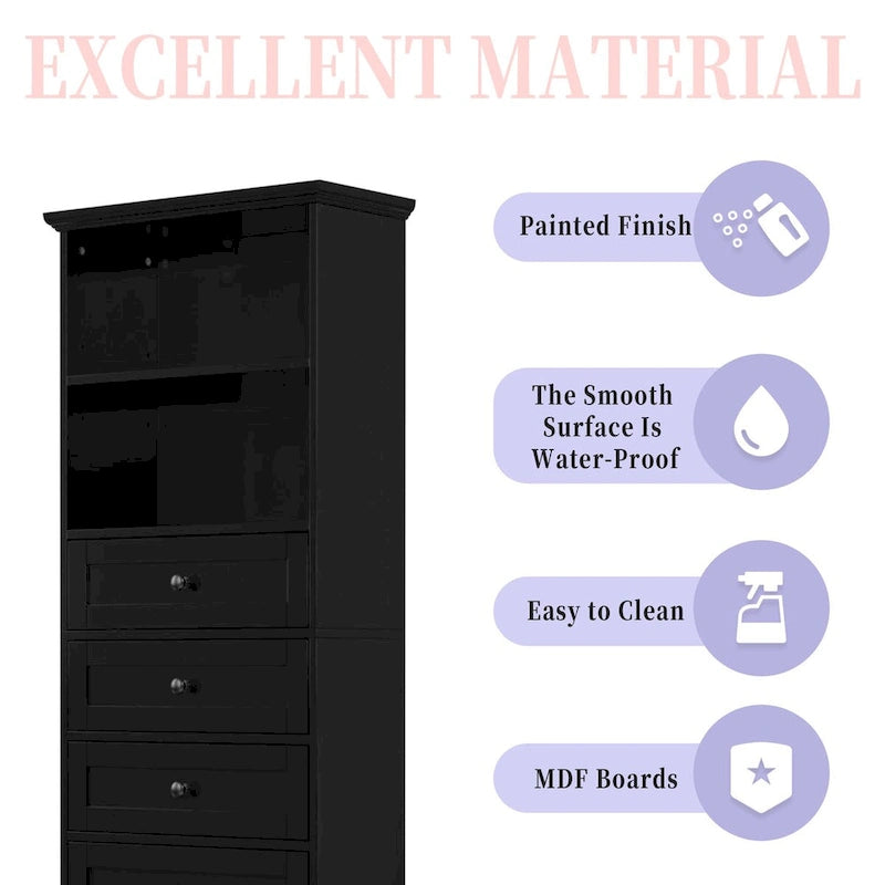 Black Tall Storage Cabinet with 3 Drawers and Adjustable Shelves for Bathroom,Study,Office and Interior