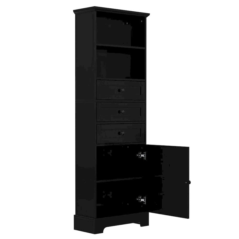 Black Tall Storage Cabinet with 3 Drawers and Adjustable Shelves for Bathroom,Study,Office and Interior