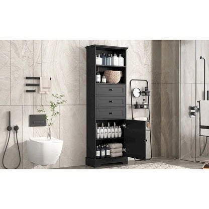 Black Tall Storage Cabinet with 3 Drawers and Adjustable Shelves for Bathroom,Study,Office and Interior