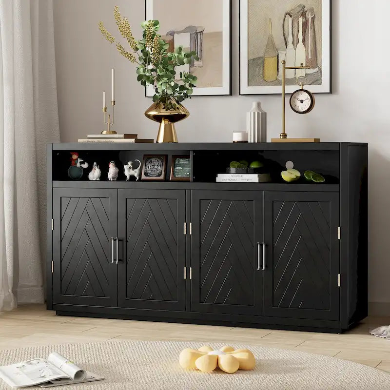 4-door Classic Sideboard with Open Storage and Adjustable Shelves