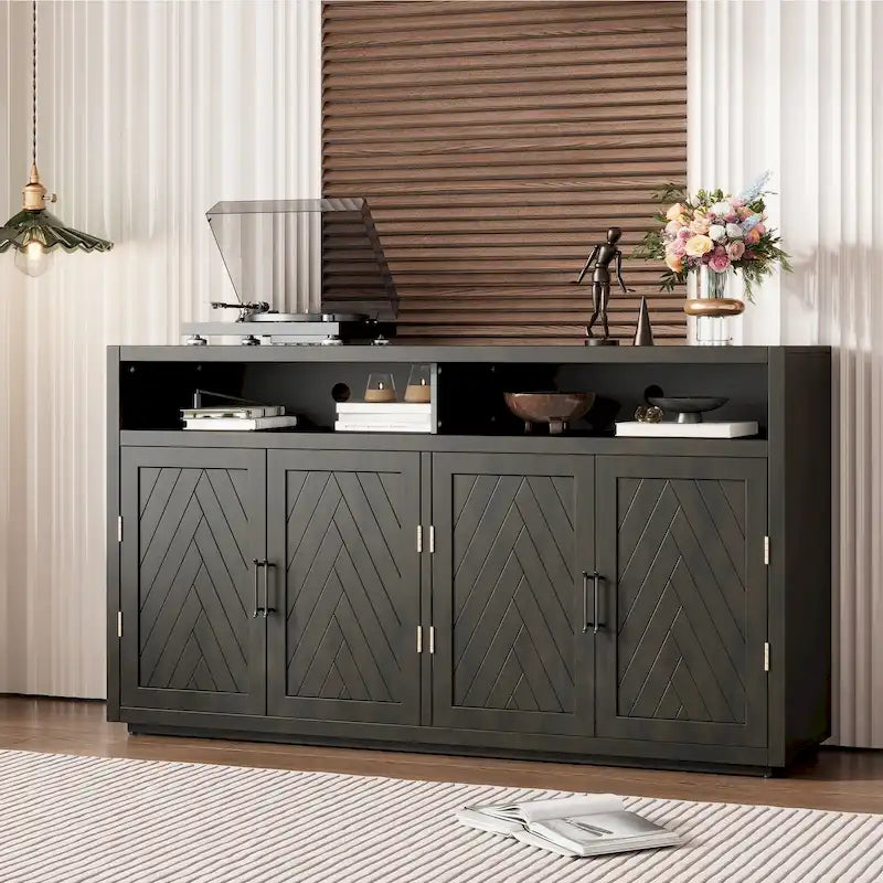 4-door Classic Sideboard with Open Storage and Adjustable Shelves
