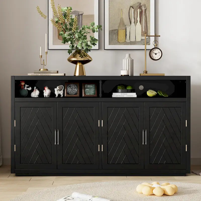 4-door Classic Sideboard with Open Storage and Adjustable Shelves